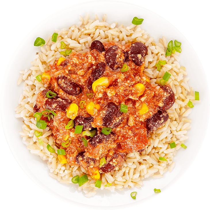 Chilli con tofu served with brown rice