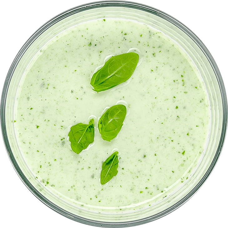 Smoothie with buttermilk, avocado, cucumber and basil