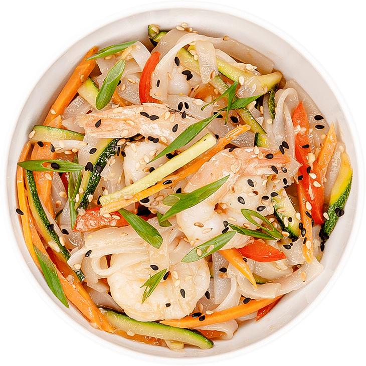 Rice noodles with prawns, pepper and carrot