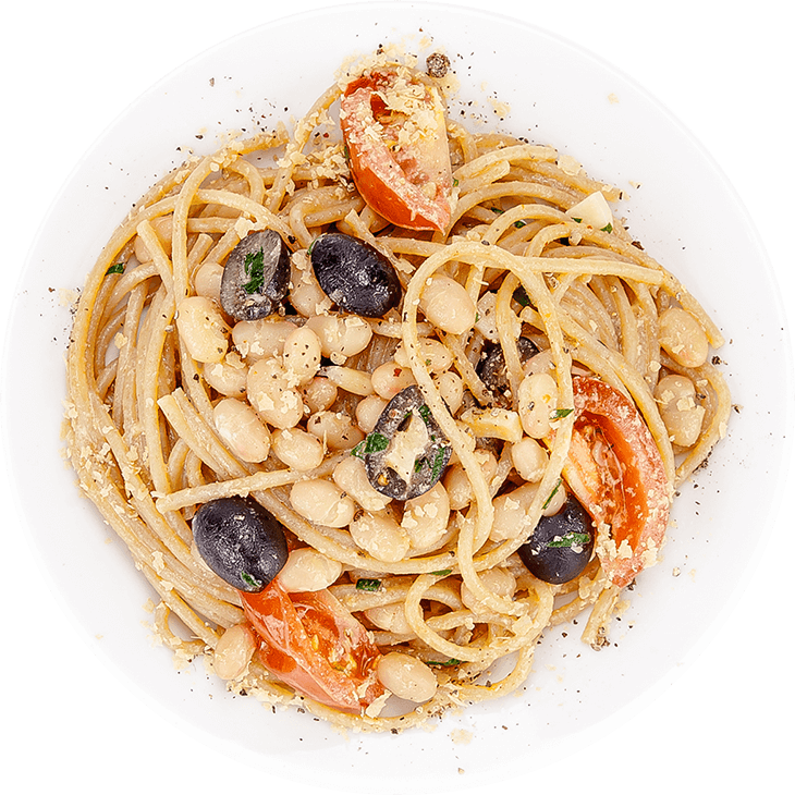 Макароны с фасолью, оливками и помидорами черри