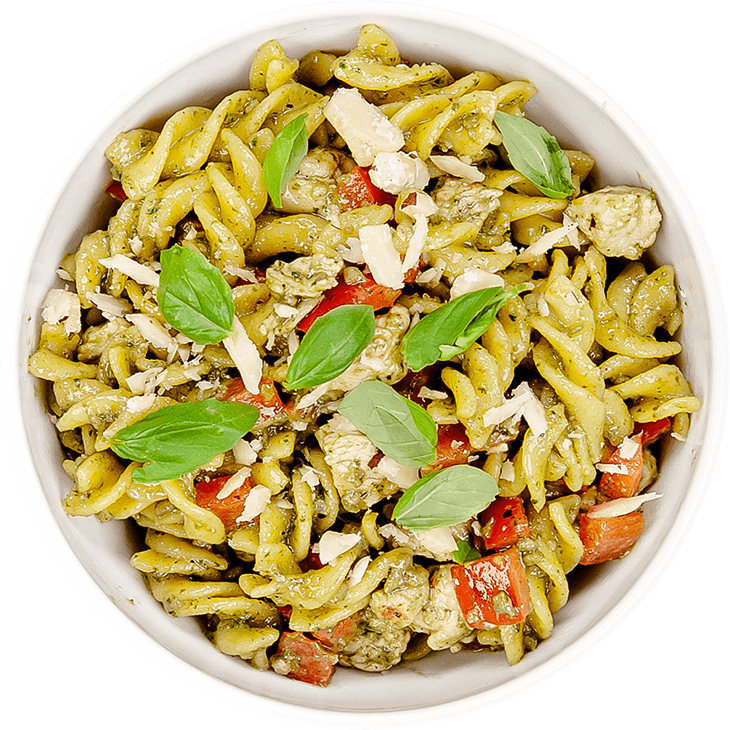 Gluten-free pasta with chicken, pepper and green pesto