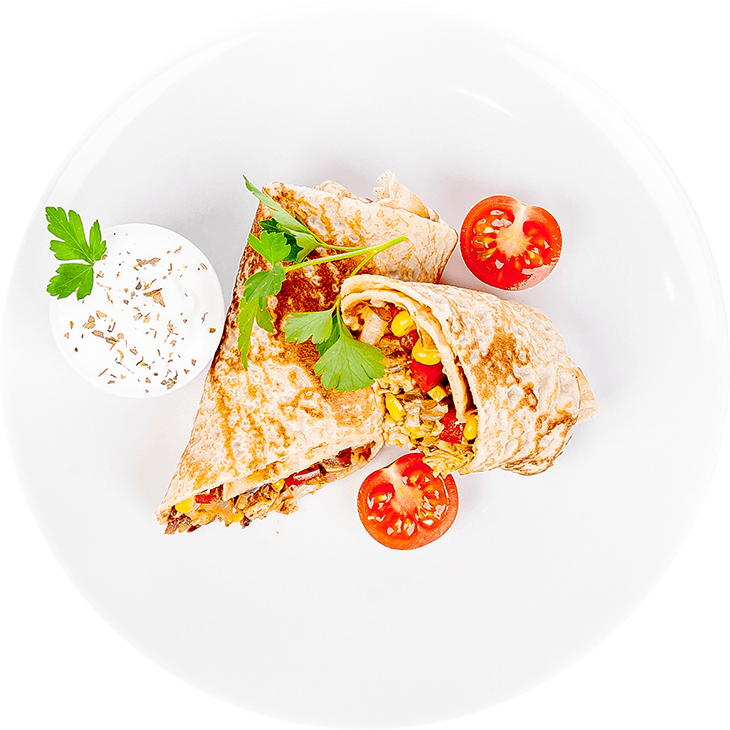Crepes with chicken, sweetcorn, pepper, Chinese cabbage, garlic and herb sauce