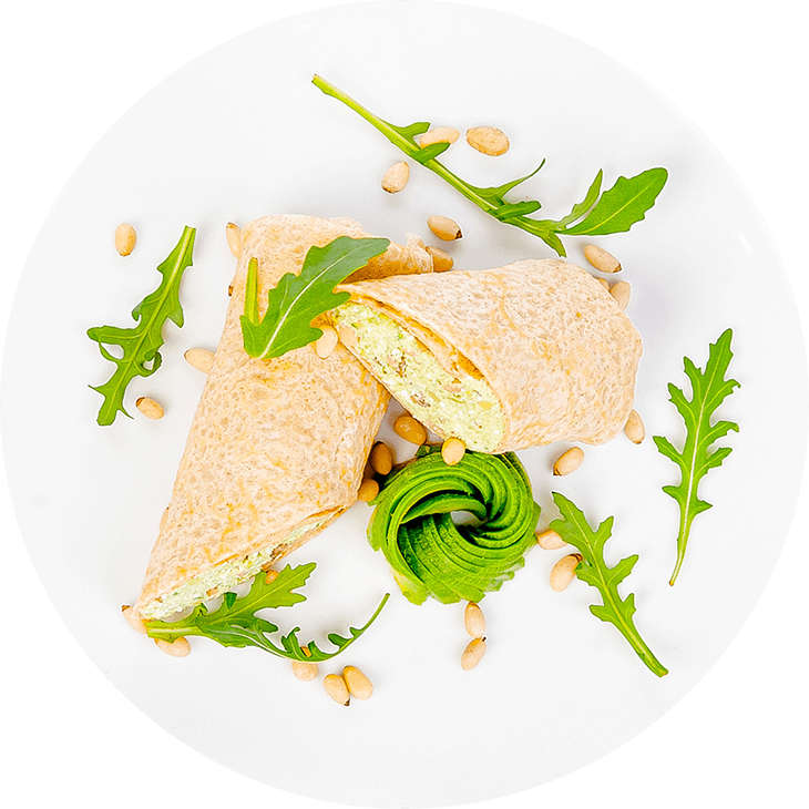 Crepes with cottage white cheese, avocado and pine nuts
