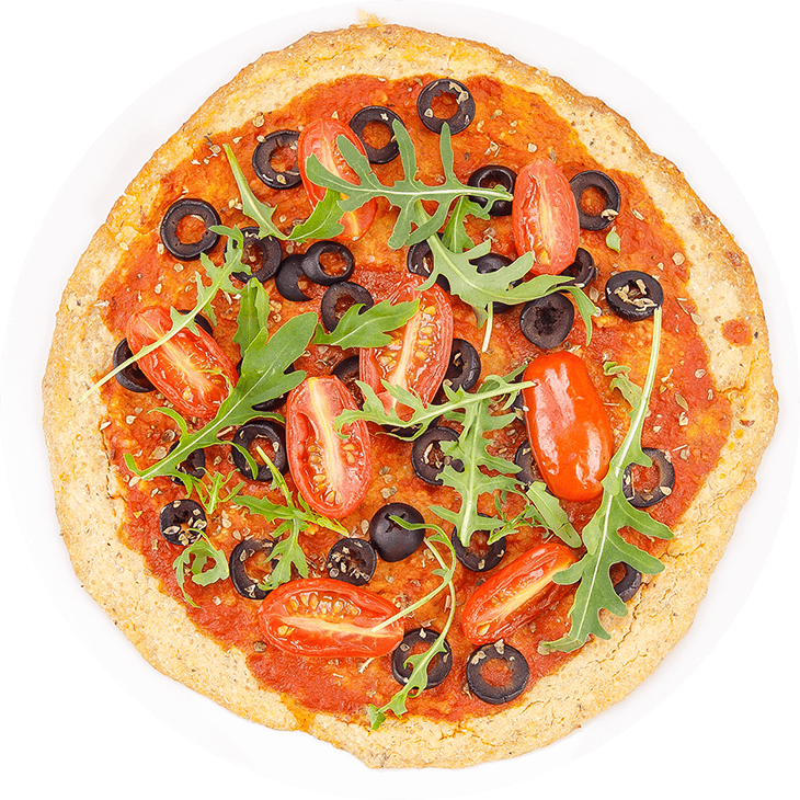 Quinoa pizza with cherry tomatoes, olives and rocket