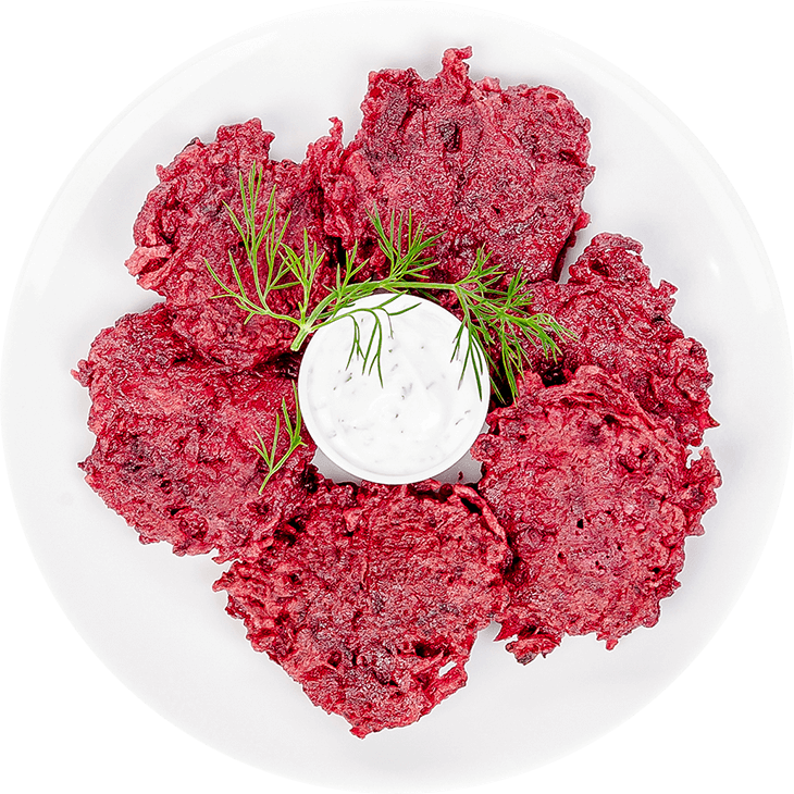 Potato, beetroot and onion fritters with dill dip