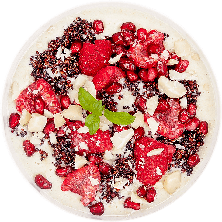 Polenta with yoghurt, maple syrup, macadamia nuts, quinoa and fruit