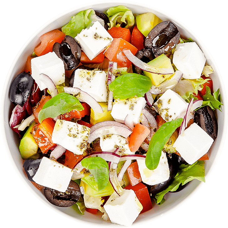 Görög saláta feta sajttal, paradicsommal, uborkával, paprikával és olívabogyóval