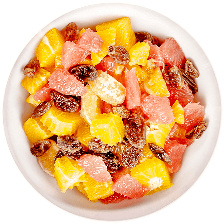 Salată de fructe cu portocală, grapefruit, mandarină și stafide