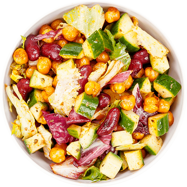 Salad with roasted chickpeas, cucumber and kidney beans