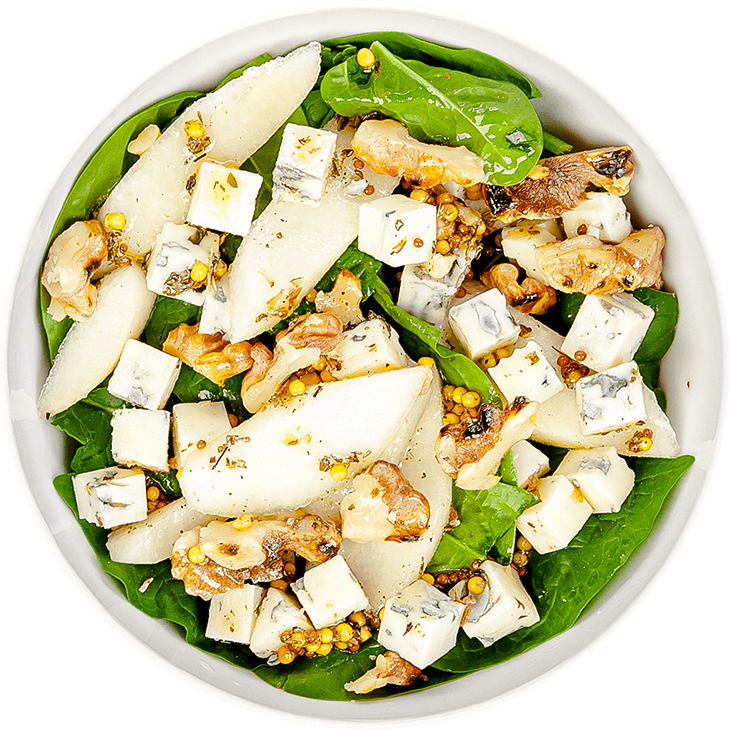 Salad with blue cheese, spinach, pear and walnuts