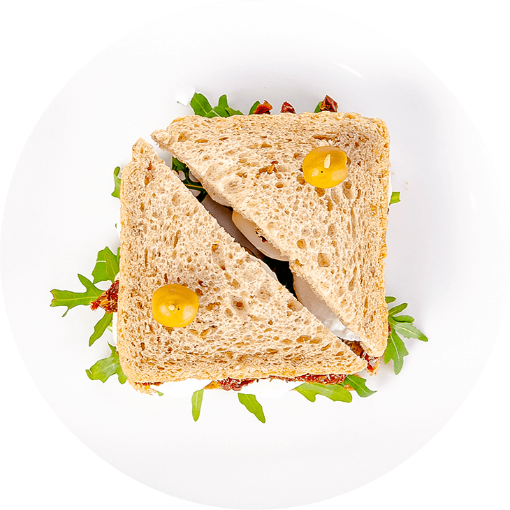 Sandviș cu brânză mozzarella, rucola și roșii deshidratate
