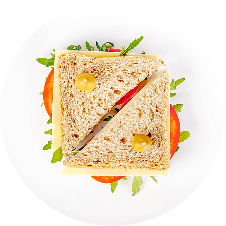 Sandwich with cheese, tomato and rocket