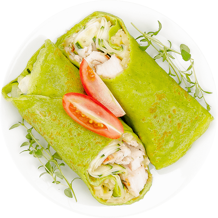 Green crepes with grilled chicken, cheese and courgette