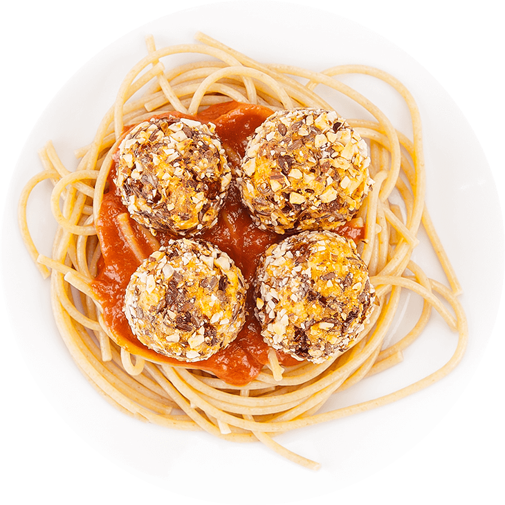 Фрикадельки из тофу, базилика и вяленых помидоров на спагетти