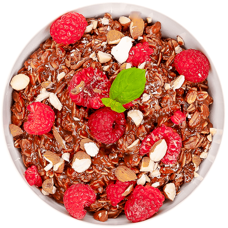 Porridge with milk, raspberries, almonds and cocoa powder