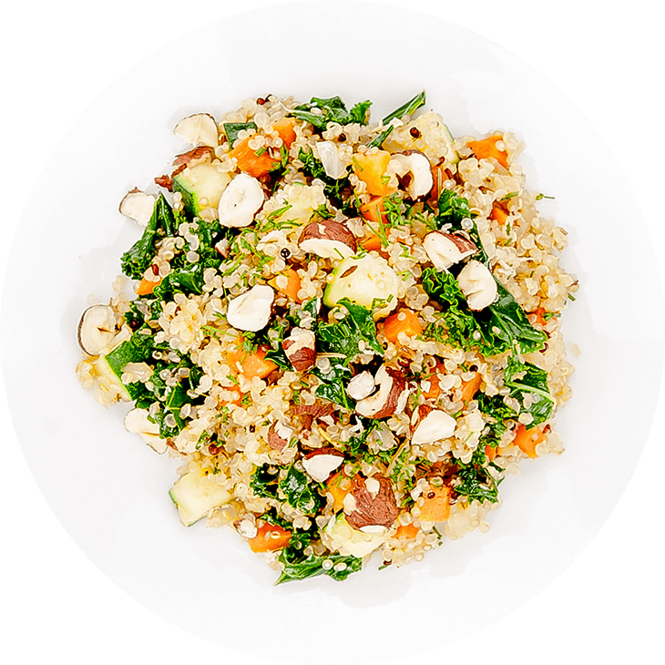 Slow-cooked courgette, carrot, kale and hazelnuts with quinoa