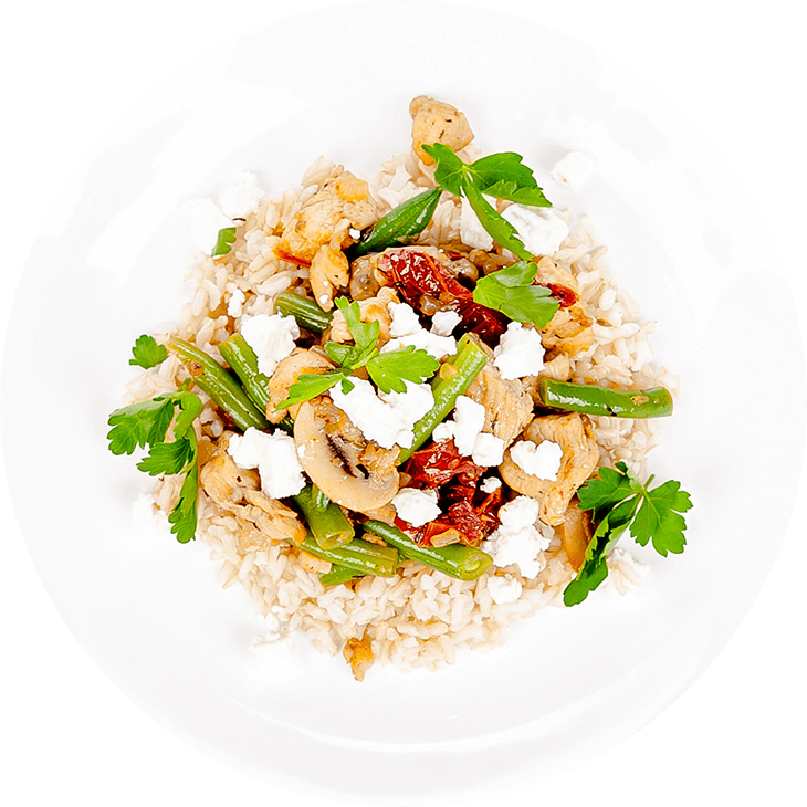 Slow-cooked chicken, feta cheese, green beans with brown rice