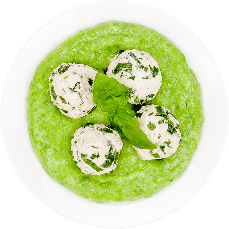 Turkey and kale meatballs with potato and garden peas purée
