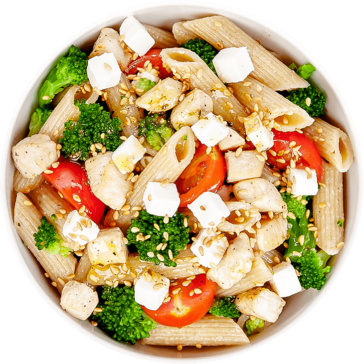 Salad with chicken, feta cheese, pasta and broccoli