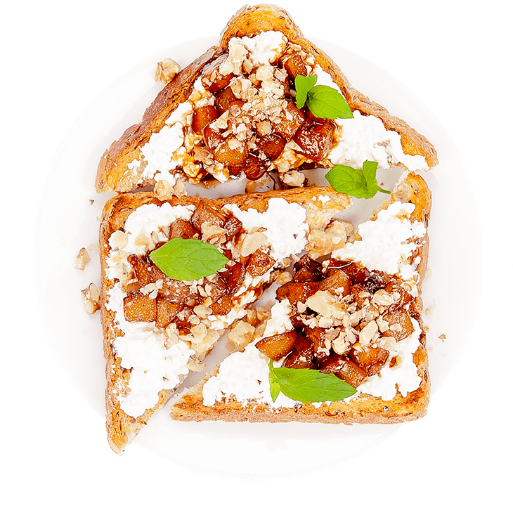 Toast with cottage white cheese, caramelised pear and walnuts