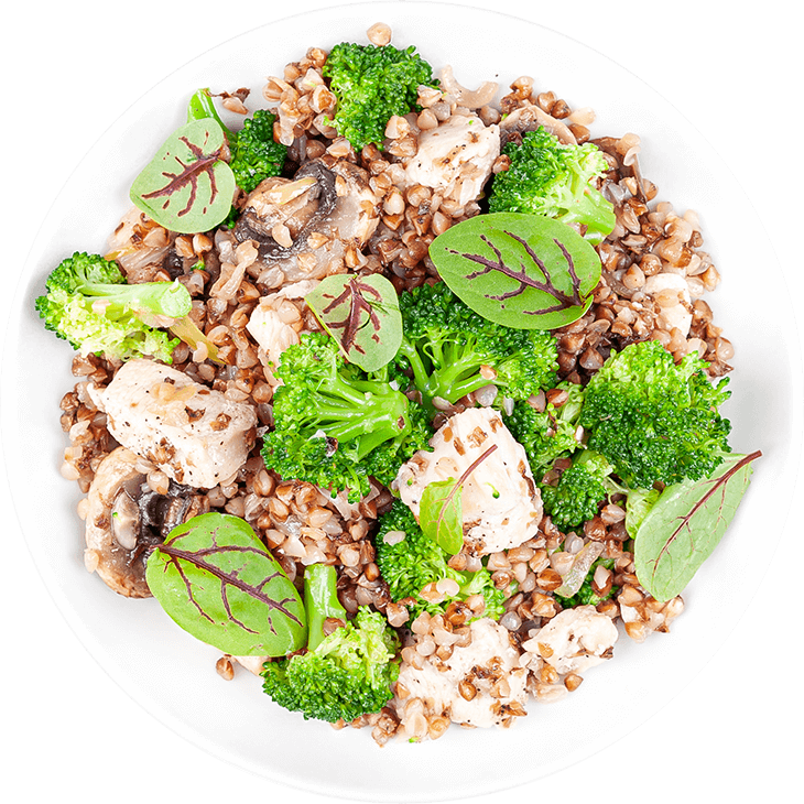 Slow-cooked turkey, broccoli and mushrooms with buckwheat