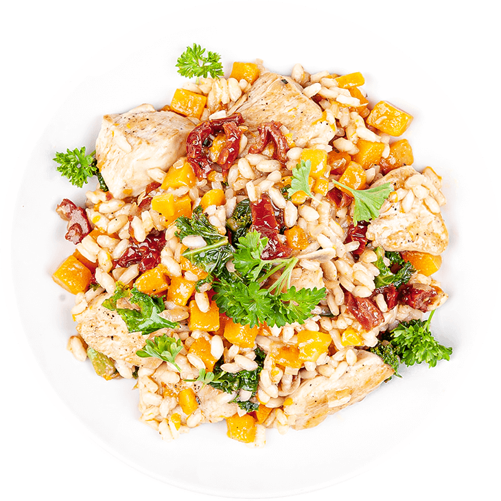 Risotto with chicken, pumpkin, kale and dried tomatoes